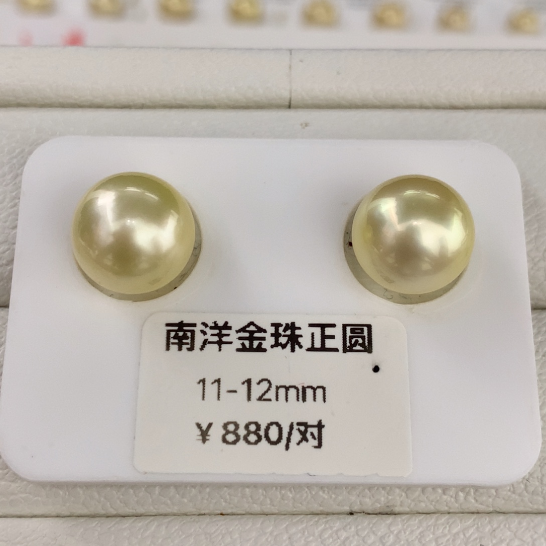 未镶嵌海水珍珠珍珠浅金正圆对珠11-12mm微瑕