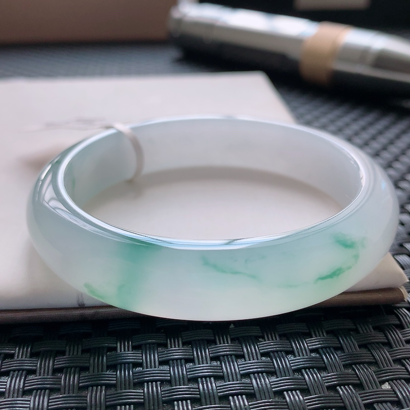 正圈54mm 冰种 冰飘蓝花 灵动飘蓝花 双眼皮天然缅甸翡翠A货手镯 