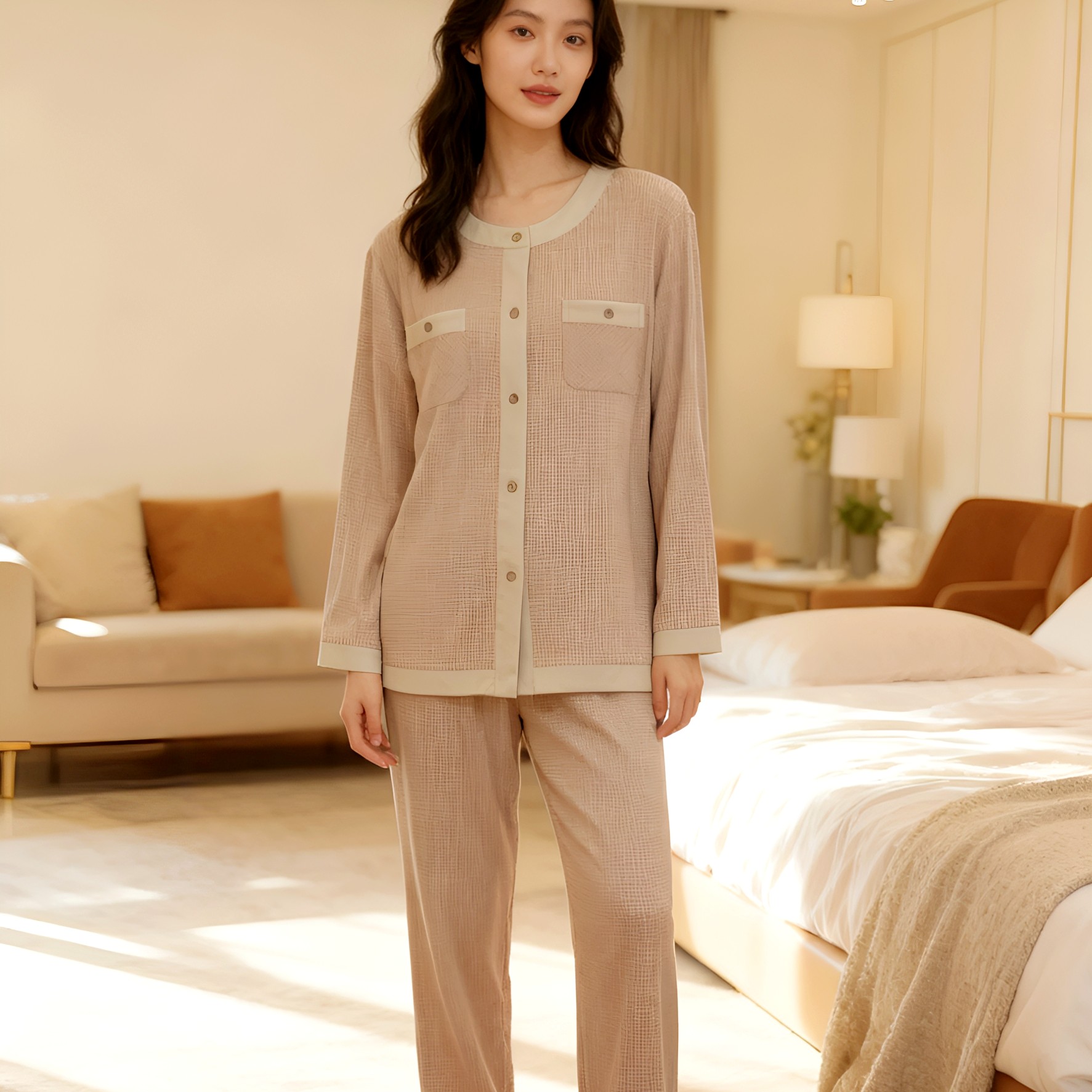 佐雅朝阳暖格提花女士开扣家居服睡衣