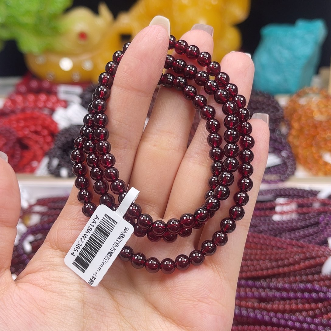 未镶嵌石榴石手链酒红色石榴石三圈5mm+