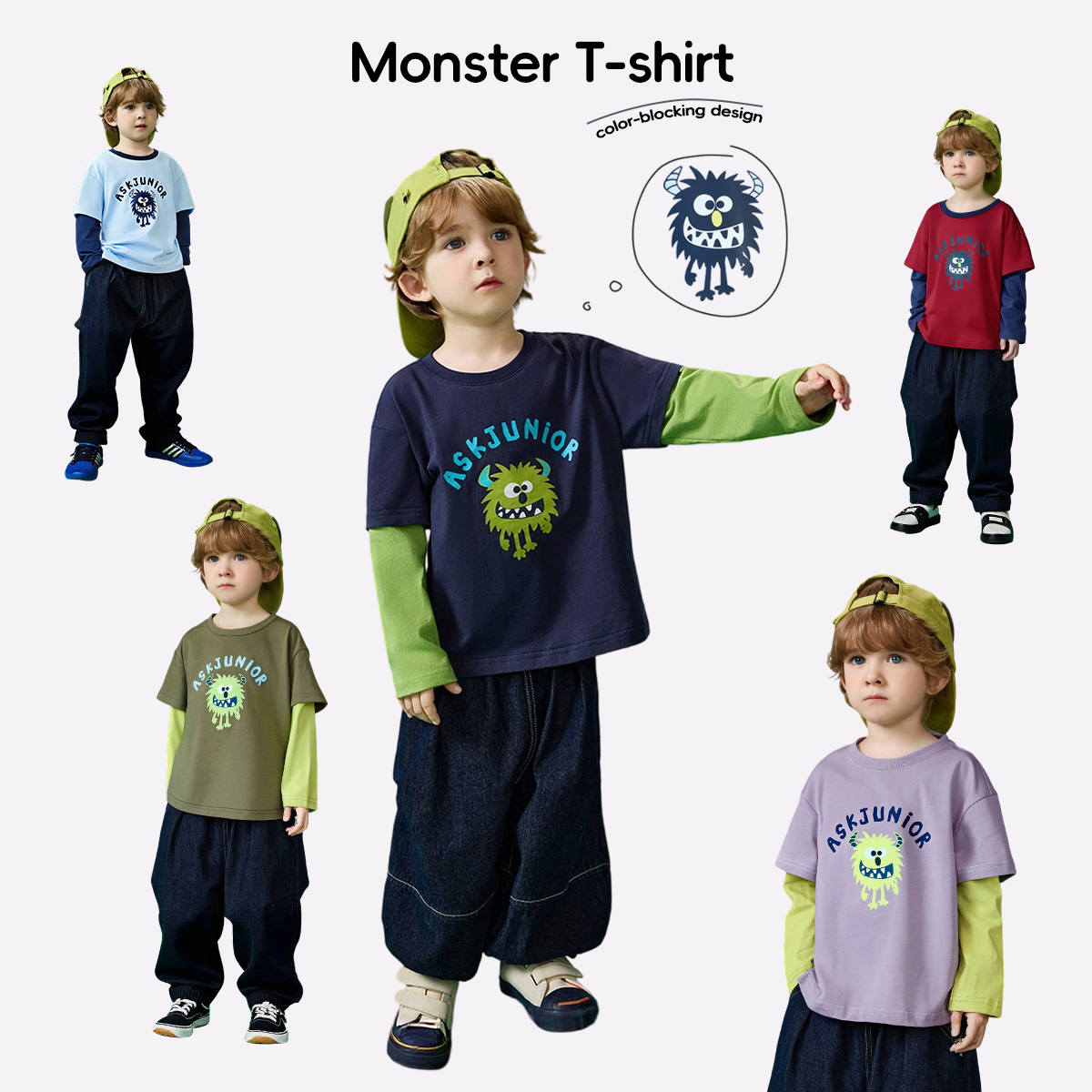 【假两件萌趣打底】 秋「怪兽印花」【假两件】长袖T恤25秋打底衫zb