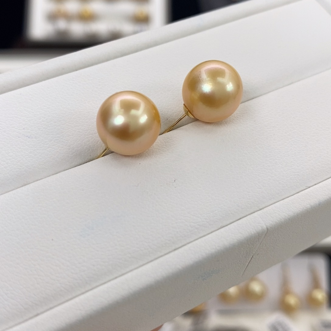 18K金镶嵌海水珍珠耳饰金珠11-12m m