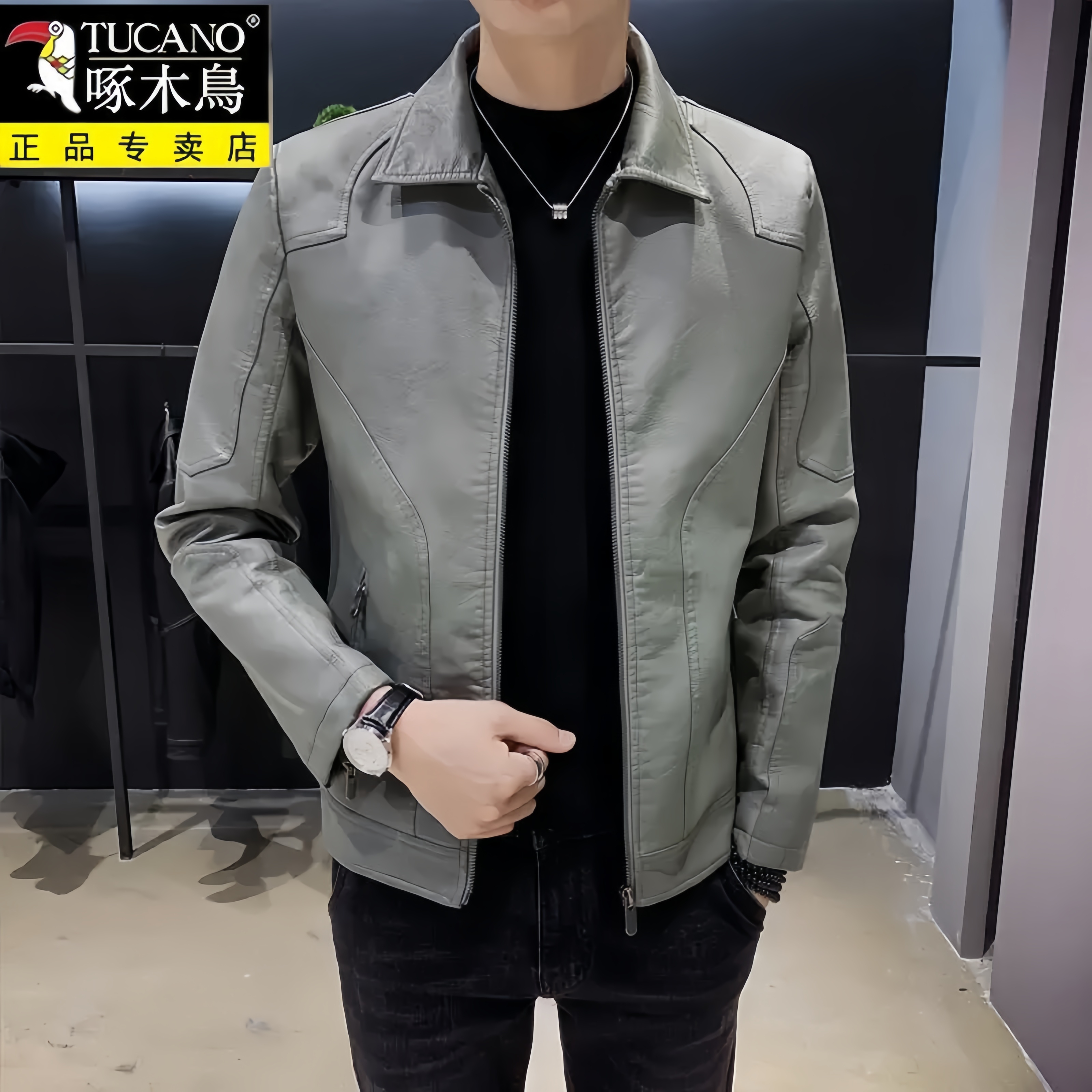 啄木鳥高端海宁男士皮衣时尚帅气翻领皮衣休闲痞帅上衣外套男装