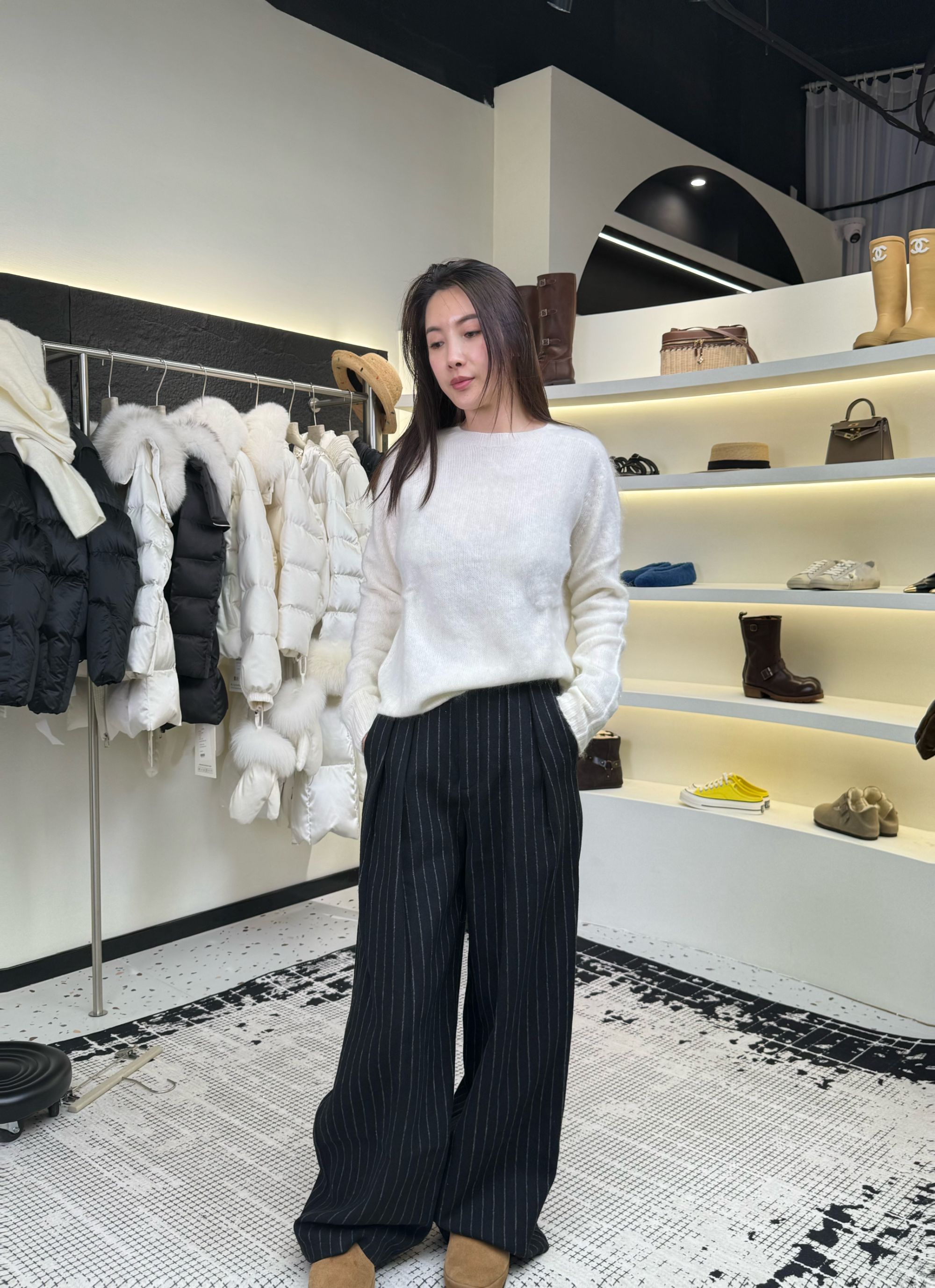 【重启严选】西服裤羊毛保暖时尚韩版宽松女裤阔腿直筒条纹