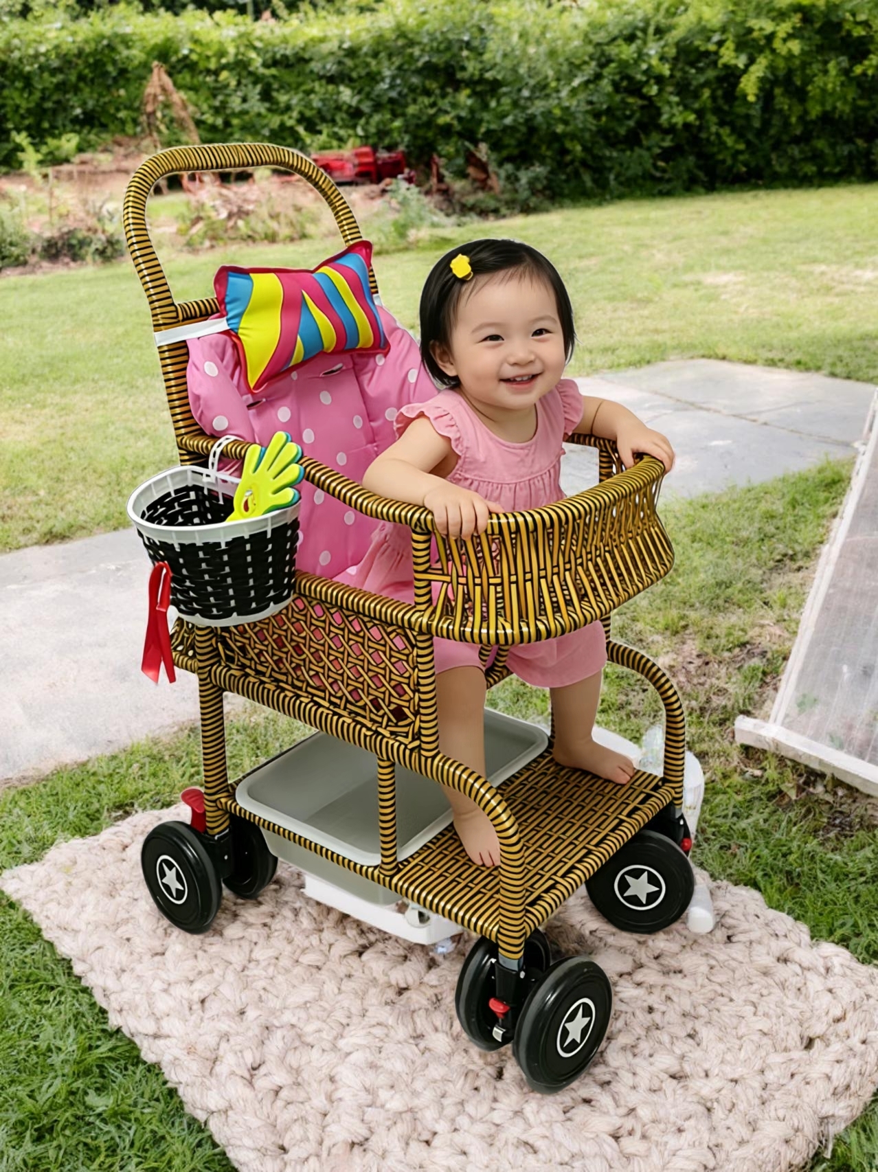 加大款夏季竹藤编婴儿推车可坐可站轻便宝宝手推车儿童四轮