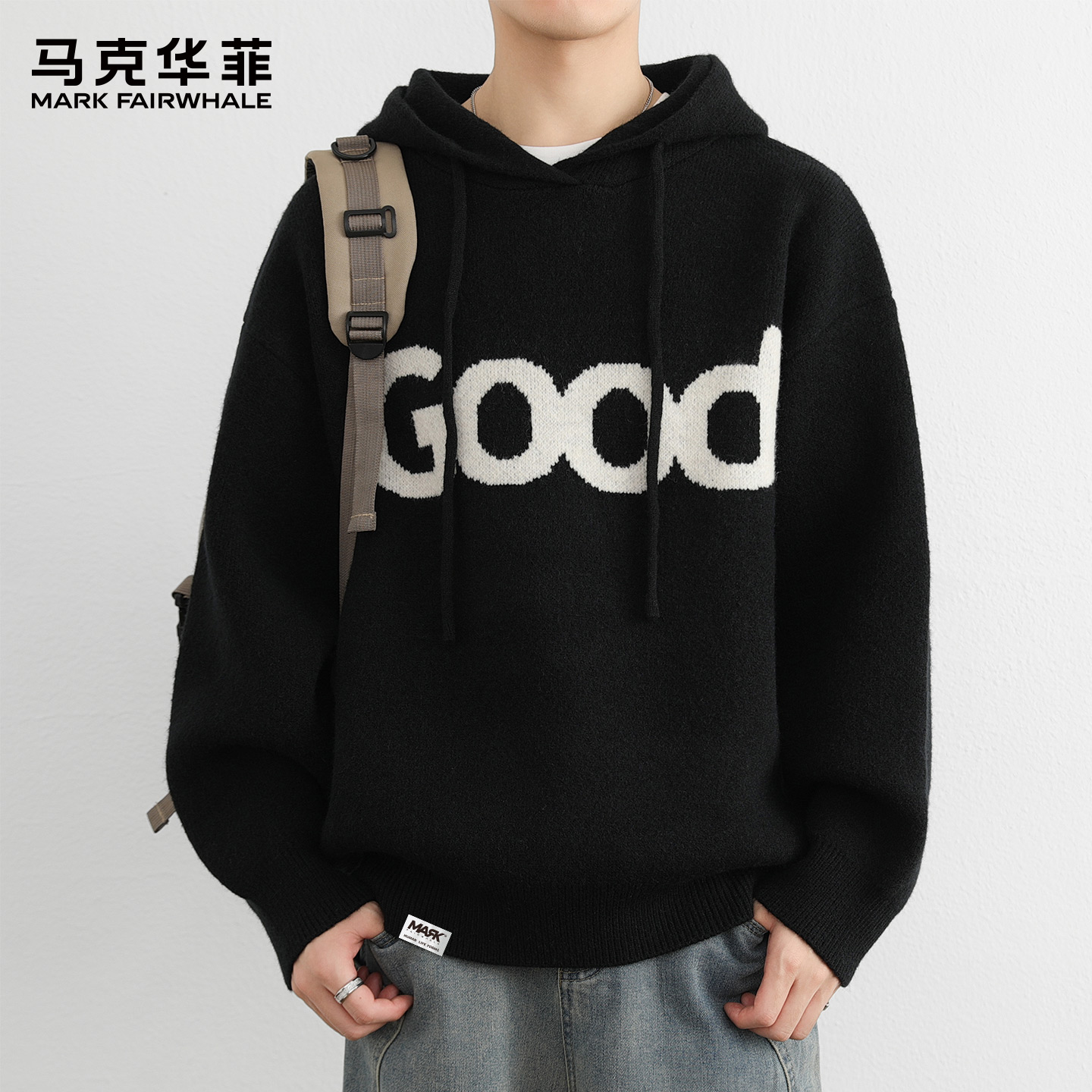 马克华菲秋冬季美式重磅连帽针织卫衣男情侣款百搭连帽衫毛衣男