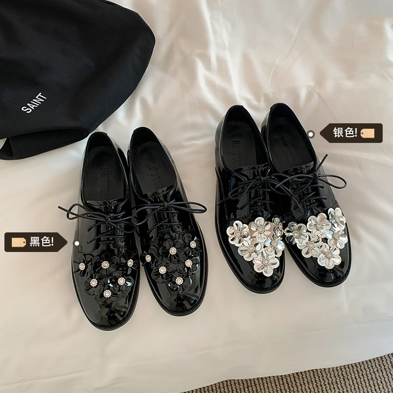 小霞家25年春季圆头漆皮百搭粗跟厚底韩版复古英伦风乐福鞋女单鞋