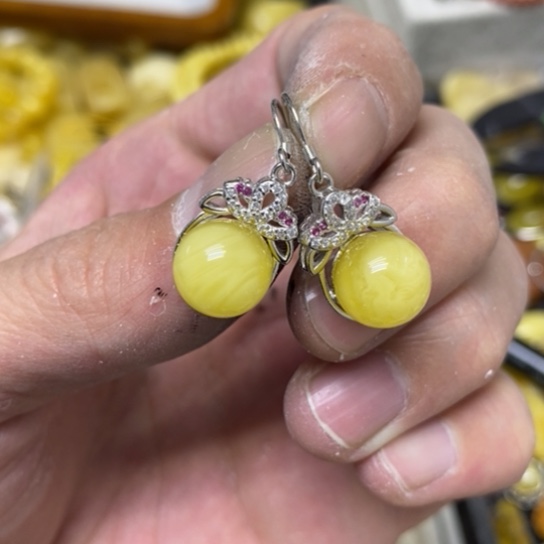 蜜蜡裸石银S925镶嵌耳坠