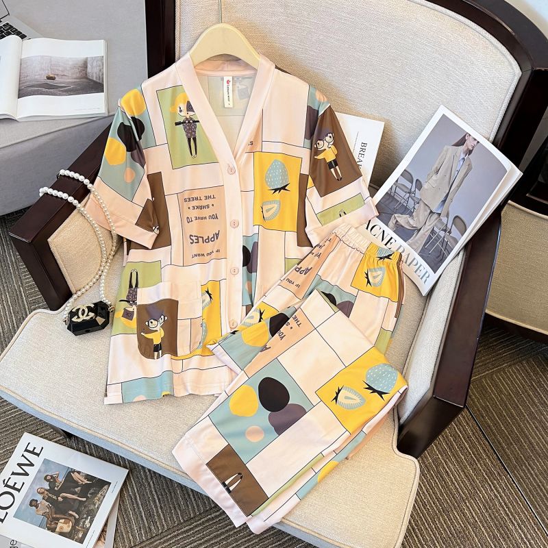 夏季休闲风短袖长裤睡衣舒适女装套装82151