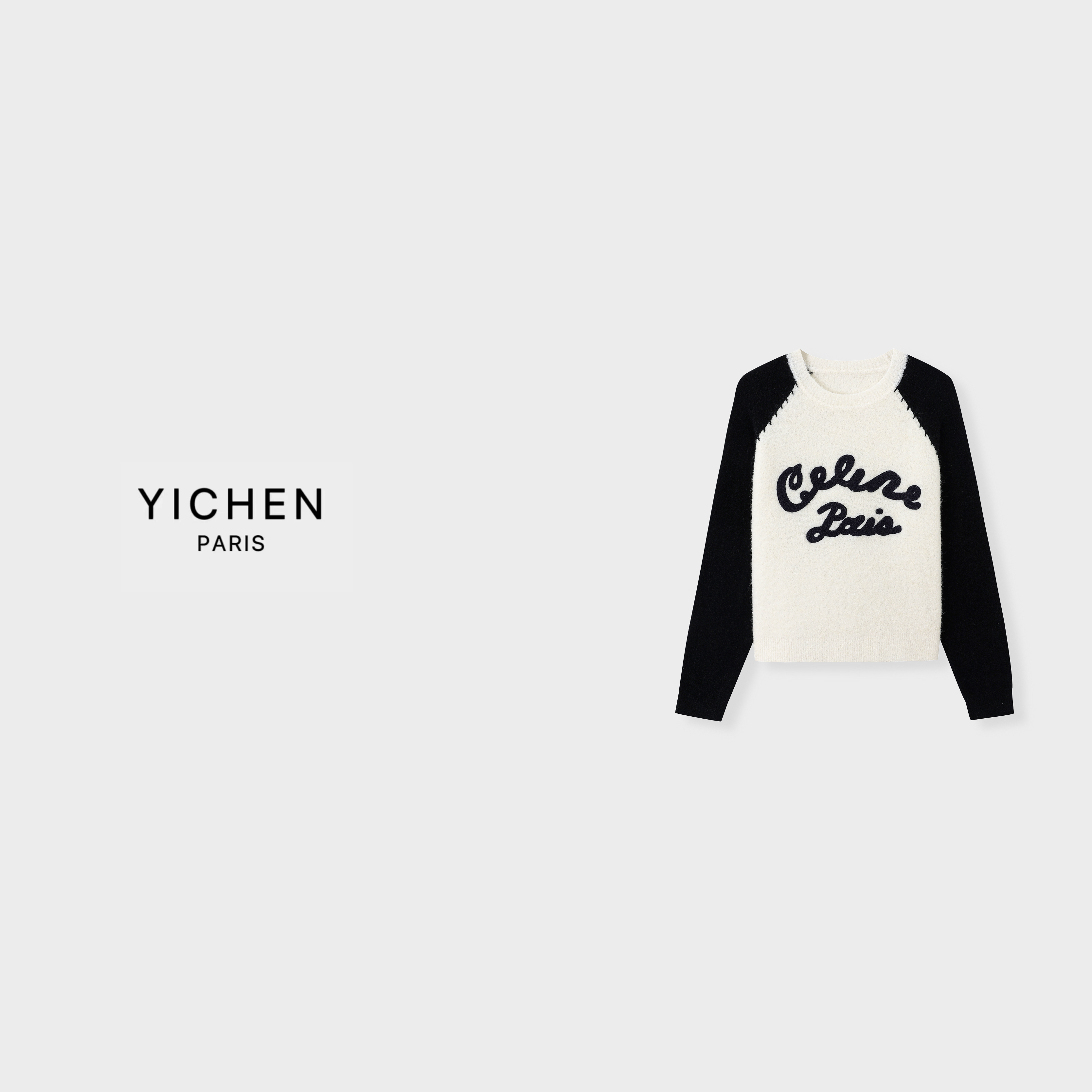 YC 黑白拼接字母徽标刺绣圆领插肩袖针织毛衣-6104