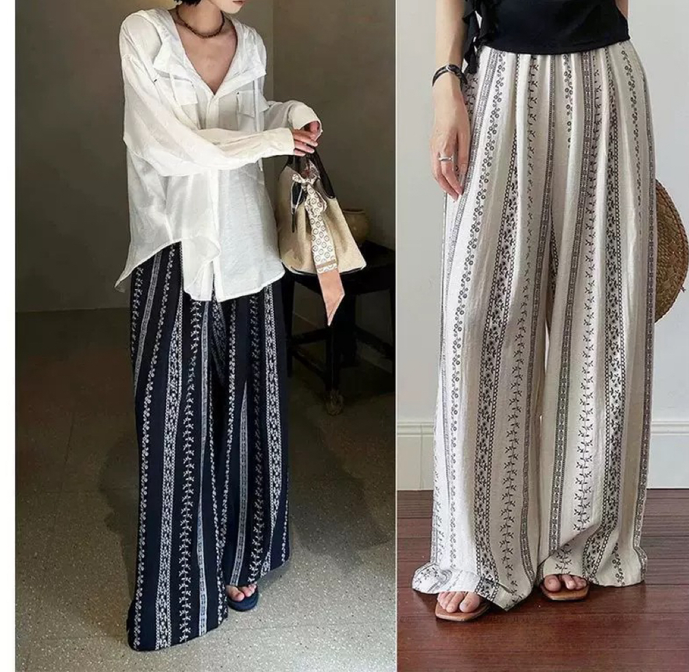 【伊家】新款休闲度假风垂感显瘦直筒高腰棉麻松紧腰阔腿裤