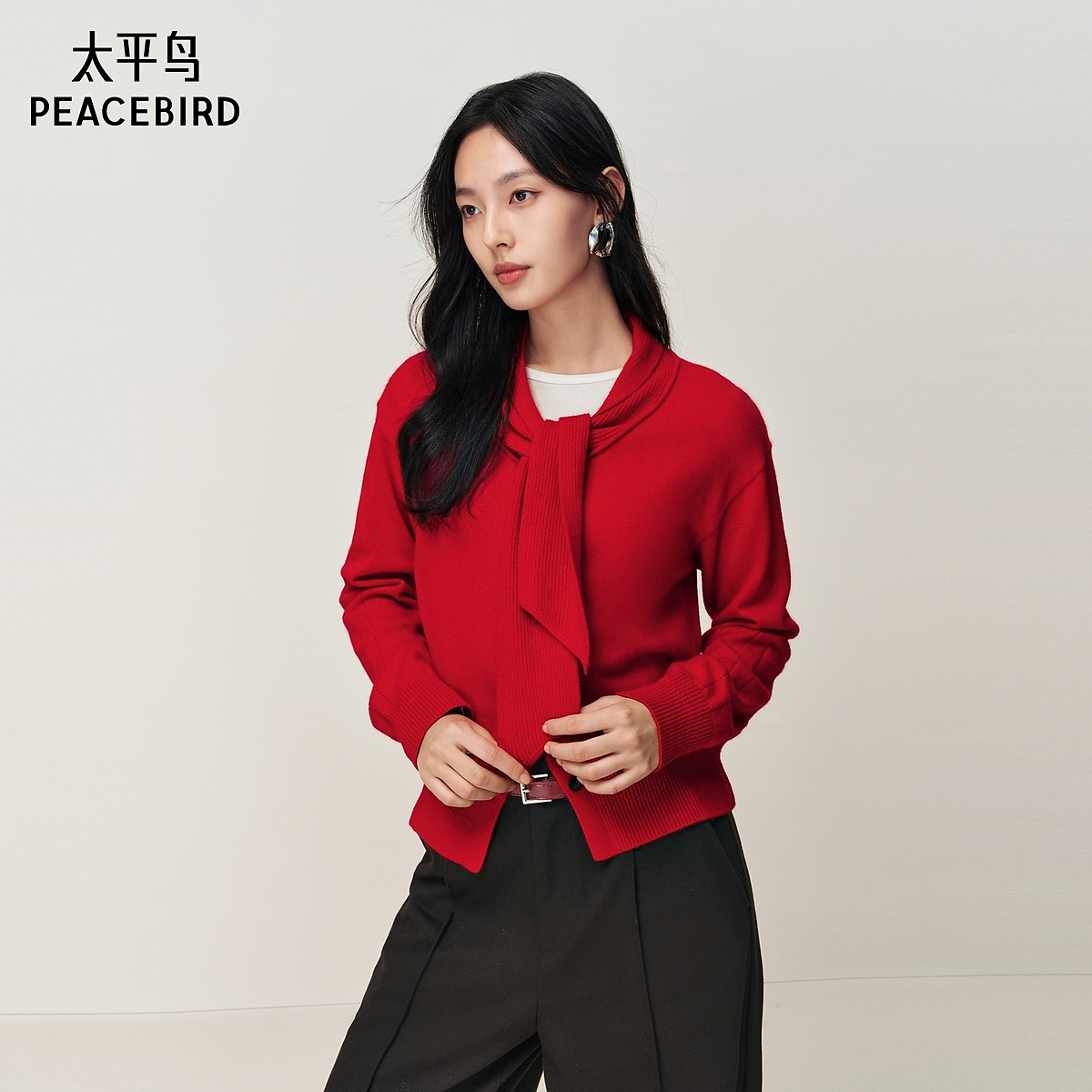 【商场同款】太平鸟红色气质兔毛混纺毛感飘带针织开衫A1EDF4713