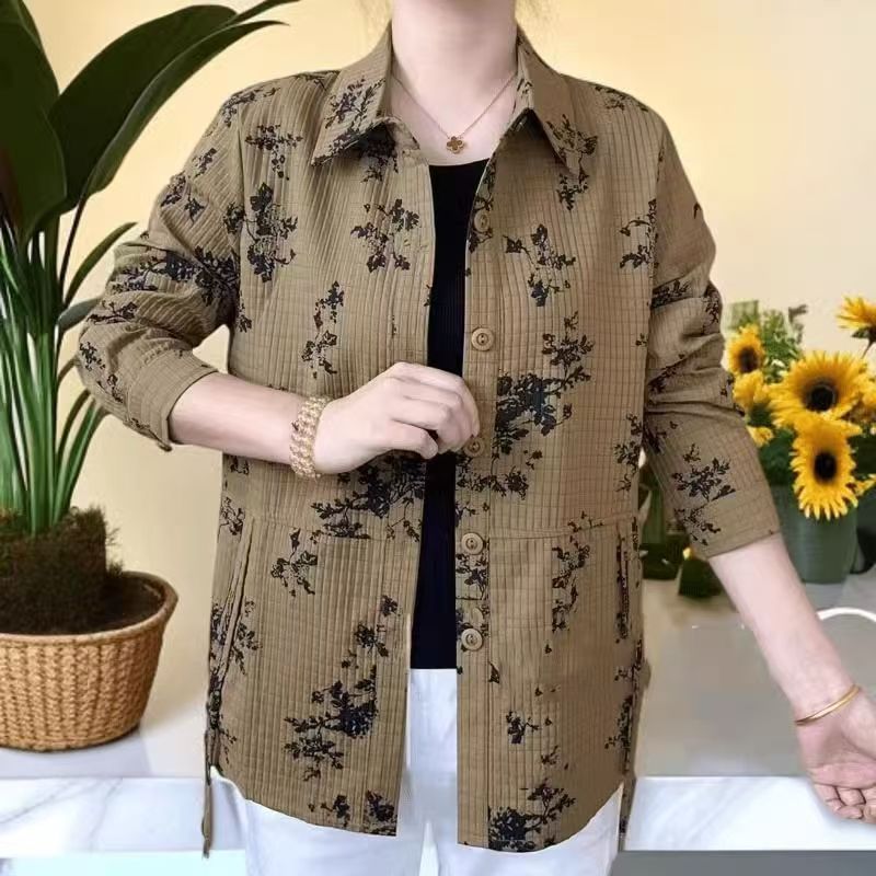 7842时尚百搭妈妈装女洋气印花翻领长袖宽松遮肚开衫外套1楼西