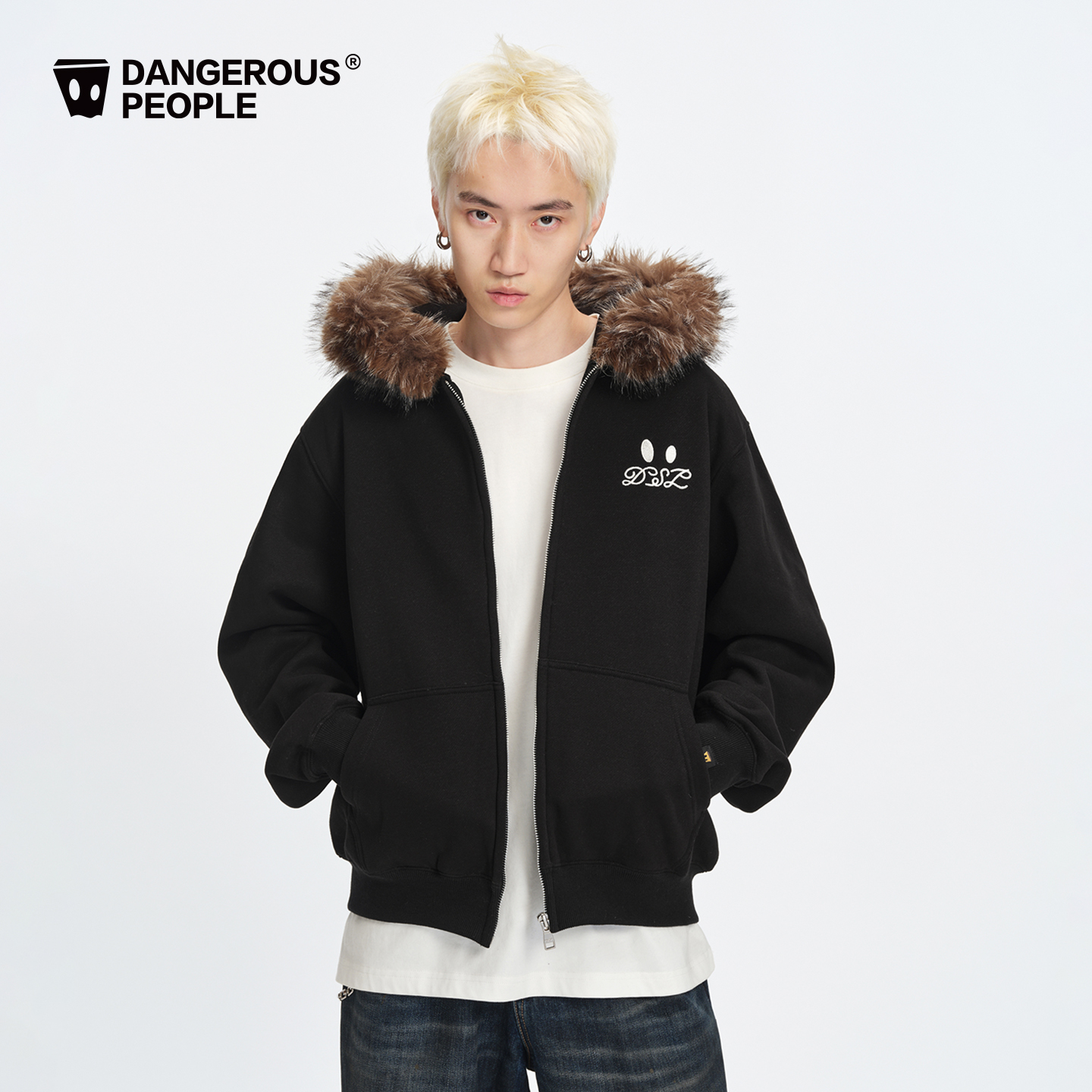 Dangerouspeople薛之谦dsp小眼睛绣花潮流百搭毛领款连帽卫衣开衫