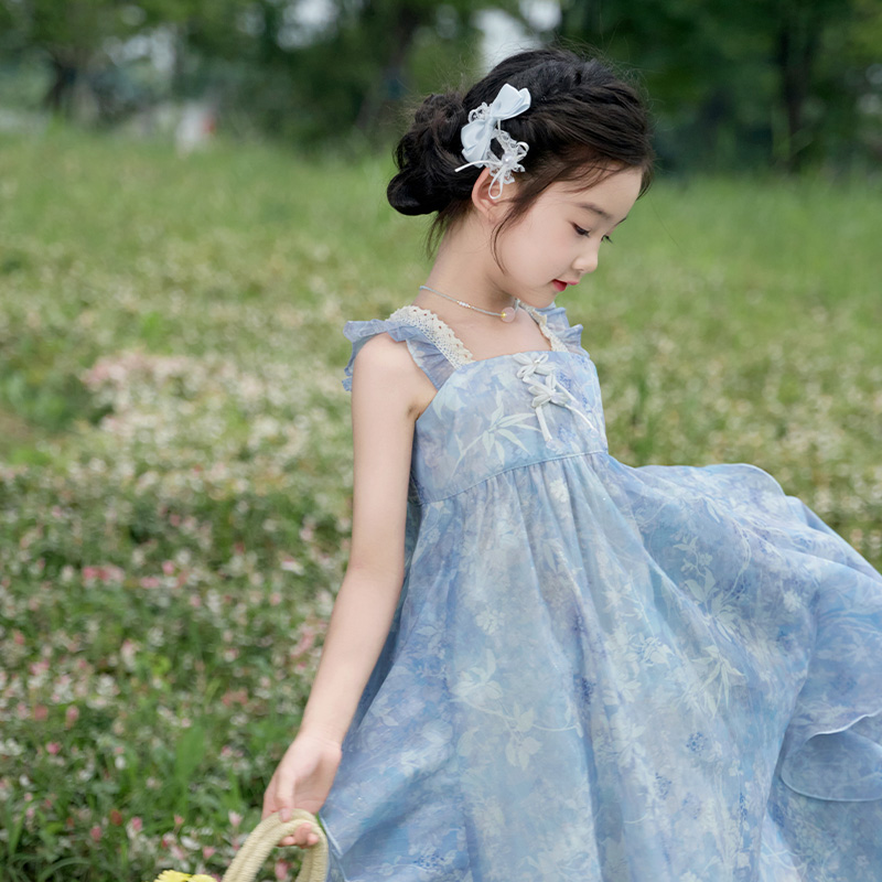 十三余童装[花洲归处]双色团花印花连衣裙女童夏季公主裙童装汉服