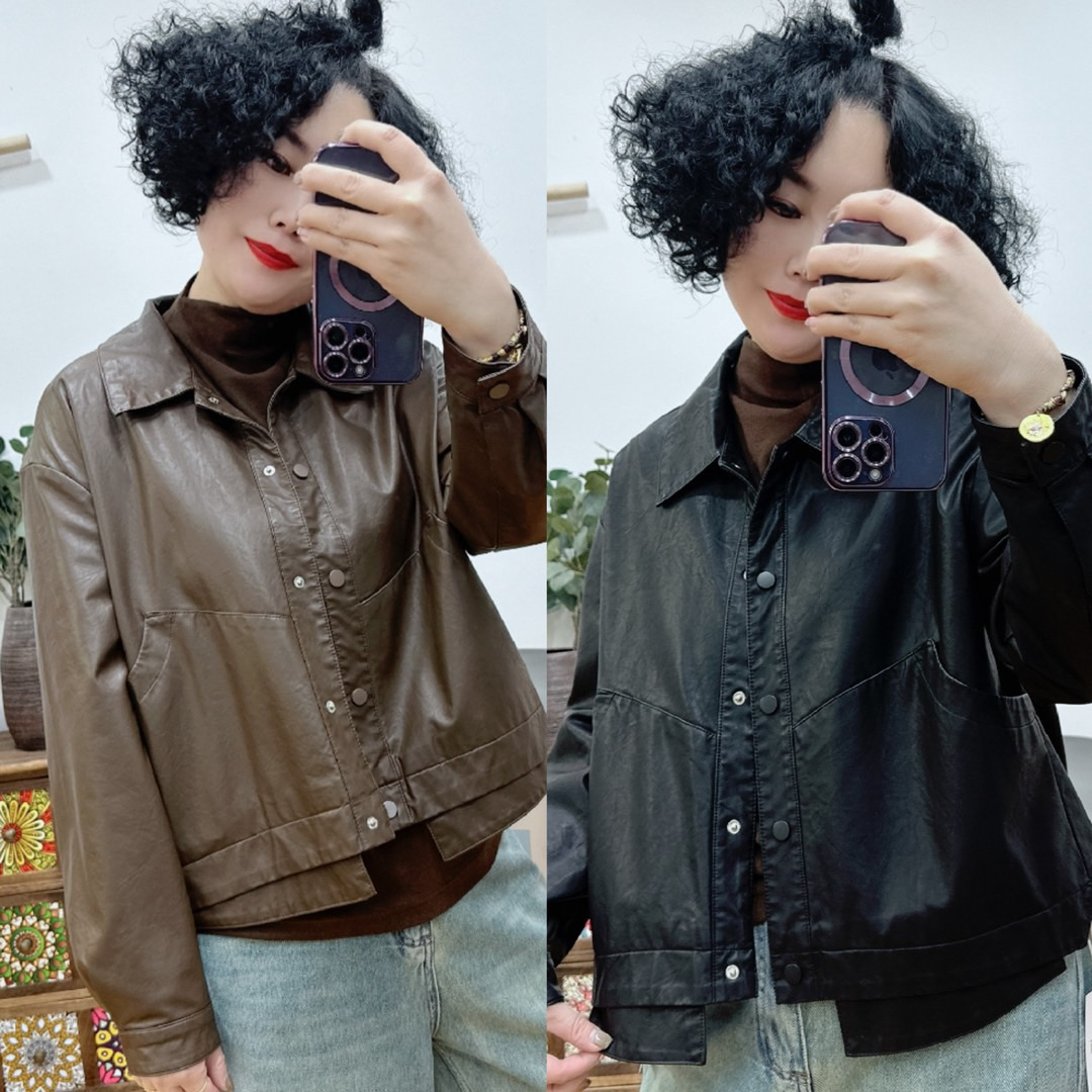 【木木推荐】8612#设计感翻领pu外套