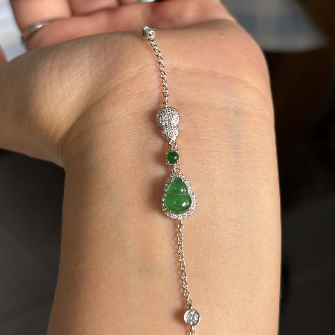 天然A货翡翠辣绿葫芦手链S925银简单百搭精致百搭时尚绿色轻奢