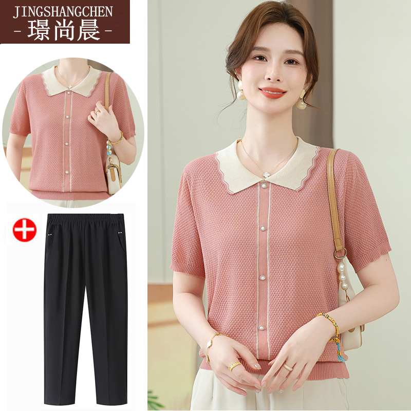 妈妈夏装短袖T恤洋气质套装中老年女装宽松中年薄款针织小衫上衣
