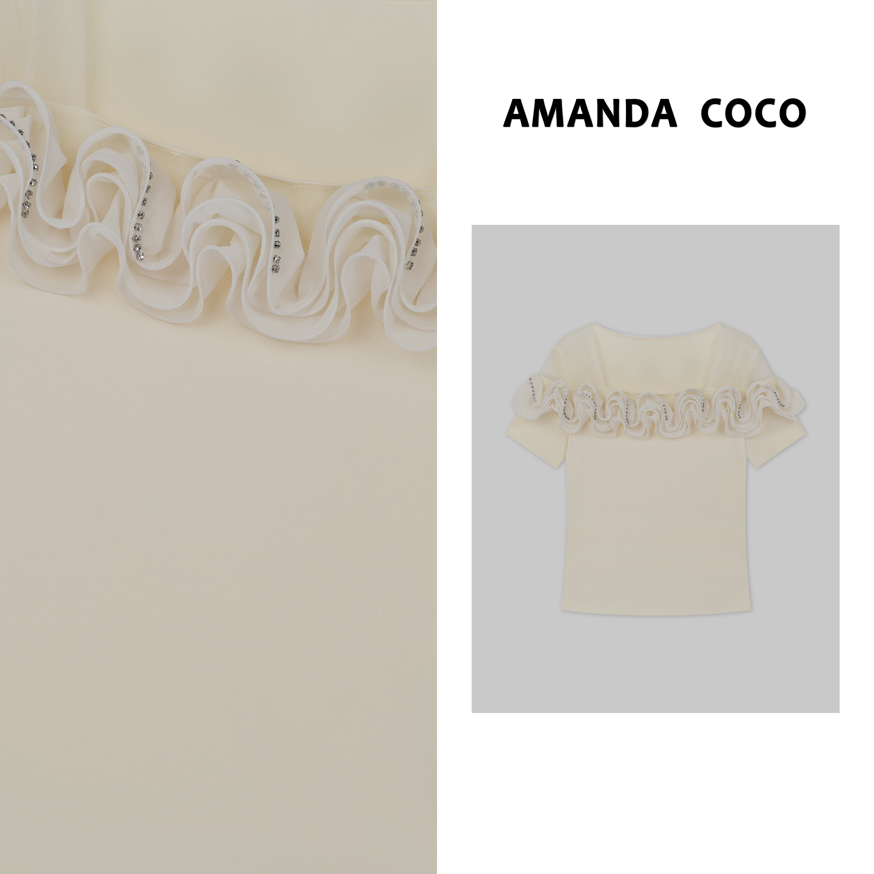 AMANDACOCO茜茜丨夏日花絮～法式钉钻立体花朵拼纱气质优雅短袖T恤