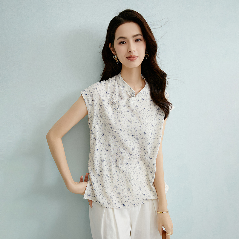 【新品】2025夏上衣弹力碎花亚麻衬衫女25042401