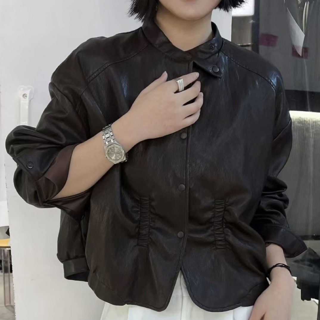 长袖短外套百搭秋季单排扣时尚上衣立领圆领网红女皮衣