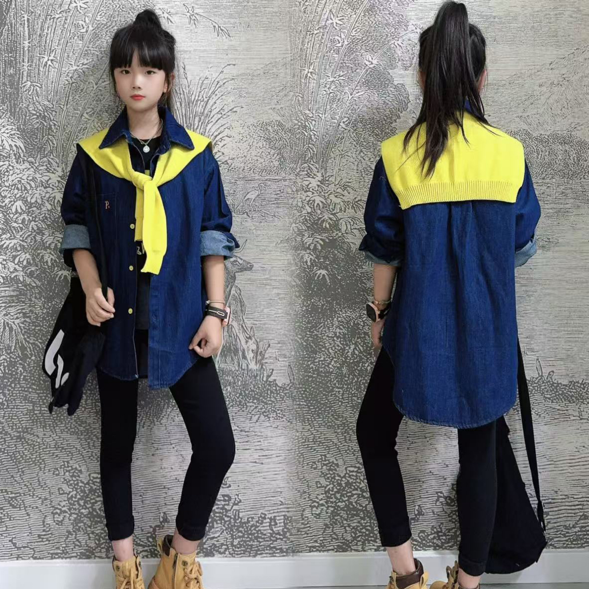 女童春秋款韩版休闲牛仔外套中大童小女孩洋气时髦衬衫儿打底裤