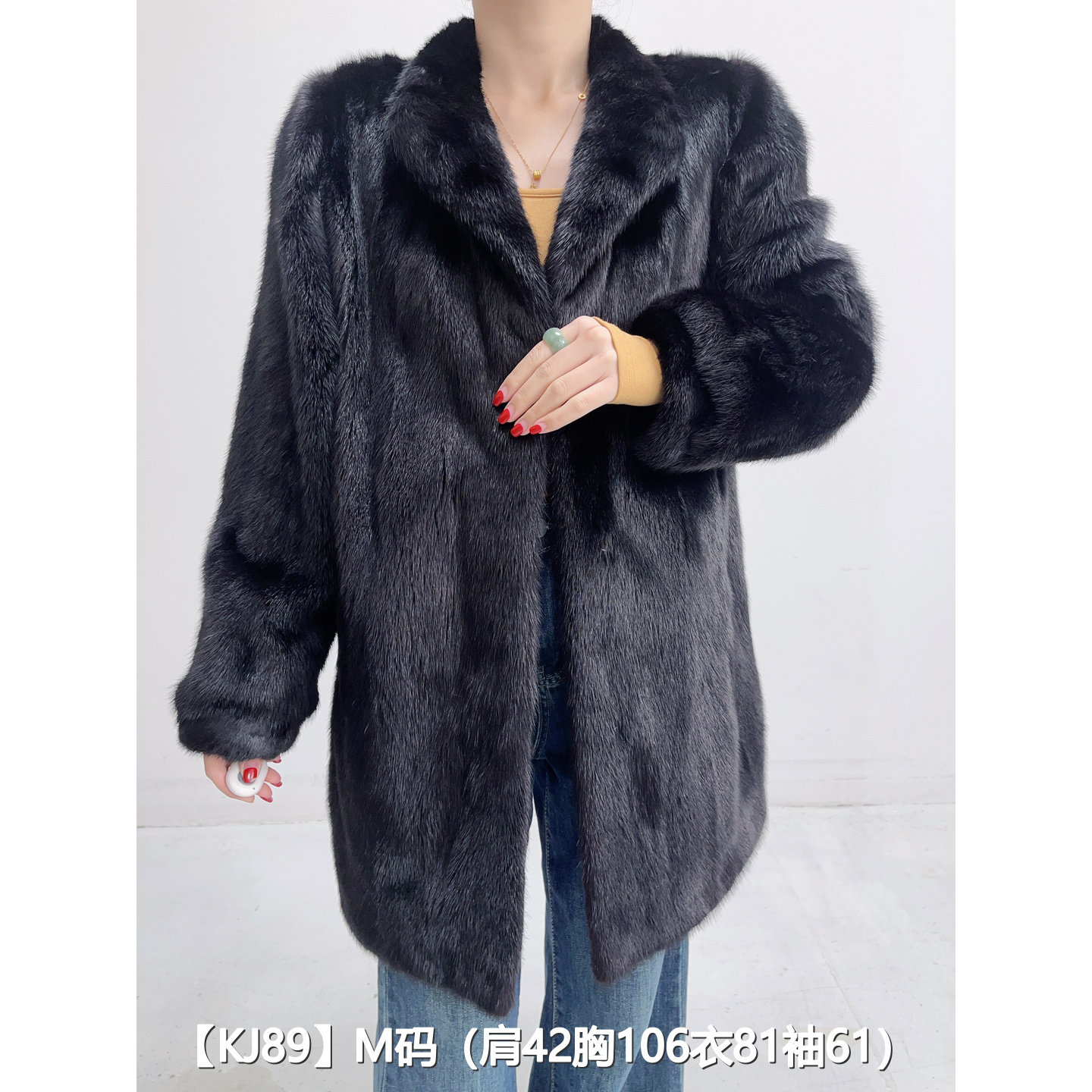 【KJ89】M 纯黑色中长款全抽貂皮水貂大衣女 翻立领泡泡袖 33089