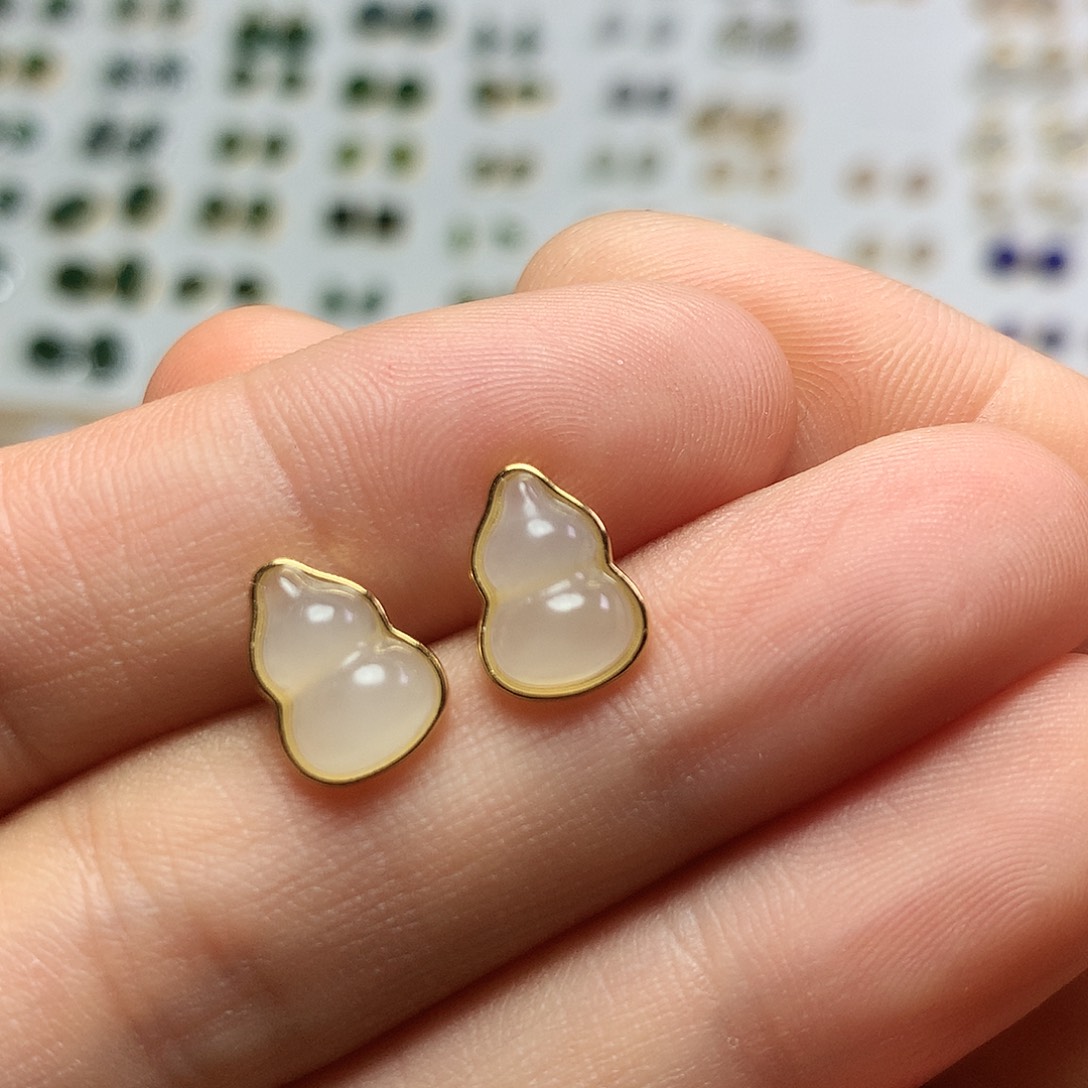 银S925镀金镶嵌和田玉（白玉）耳饰