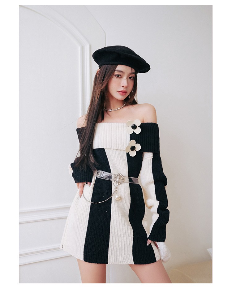 ISTYNI星奢买手店设计师条纹翻领露肩毛衣中长款一字肩针织上衣女