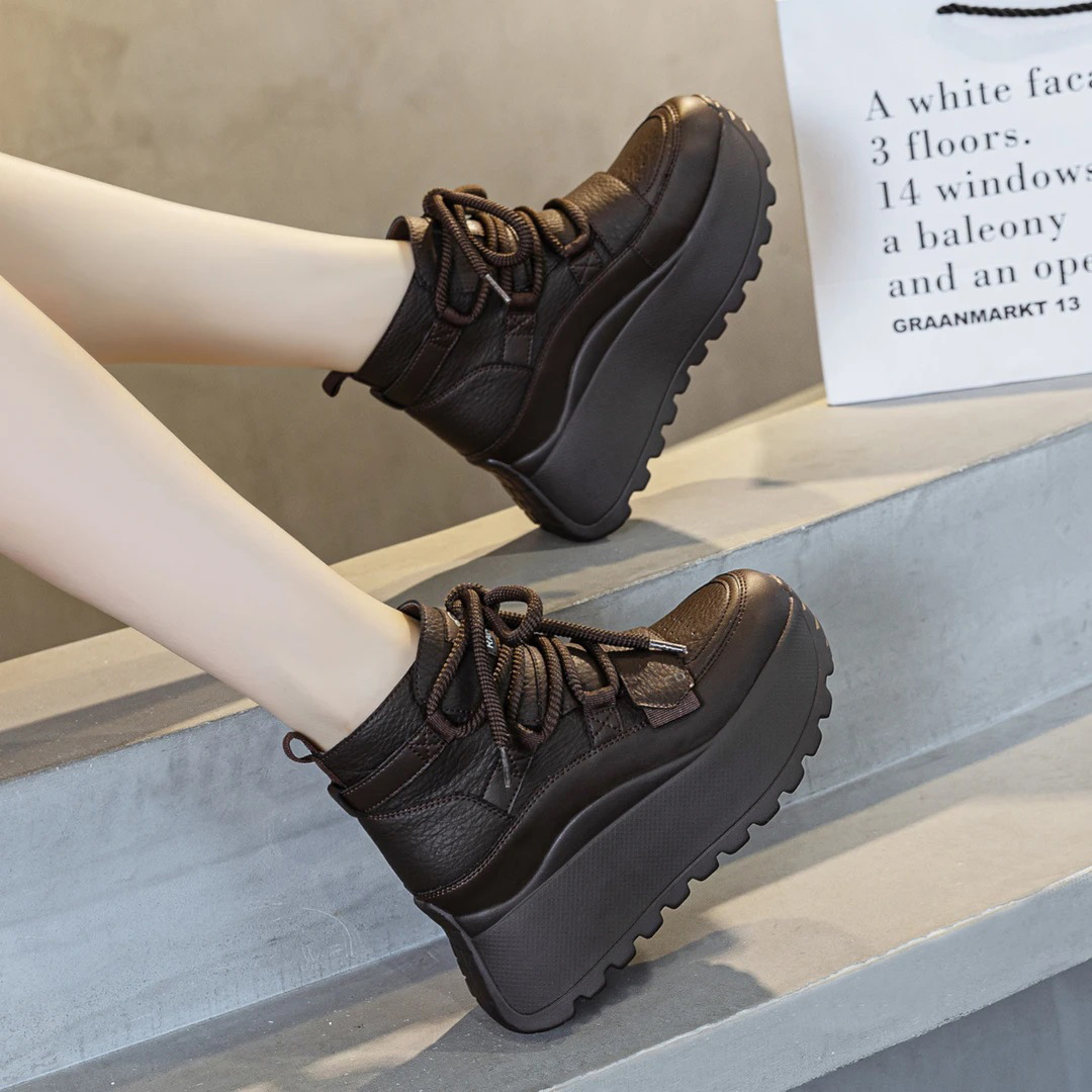 牛皮2025秋冬新款加绒高帮鞋休闲运动鞋女厚底增高保暖老爹鞋