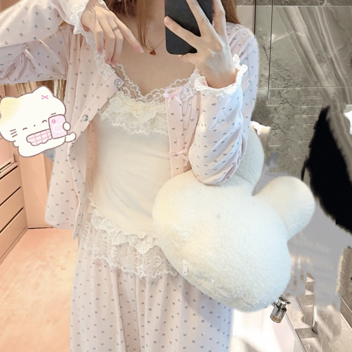 【纯欲嫩粉】嫩皮有固定胸垫粉蕾丝秋冬磨毛绒睡衣甜妹可外穿睡衣