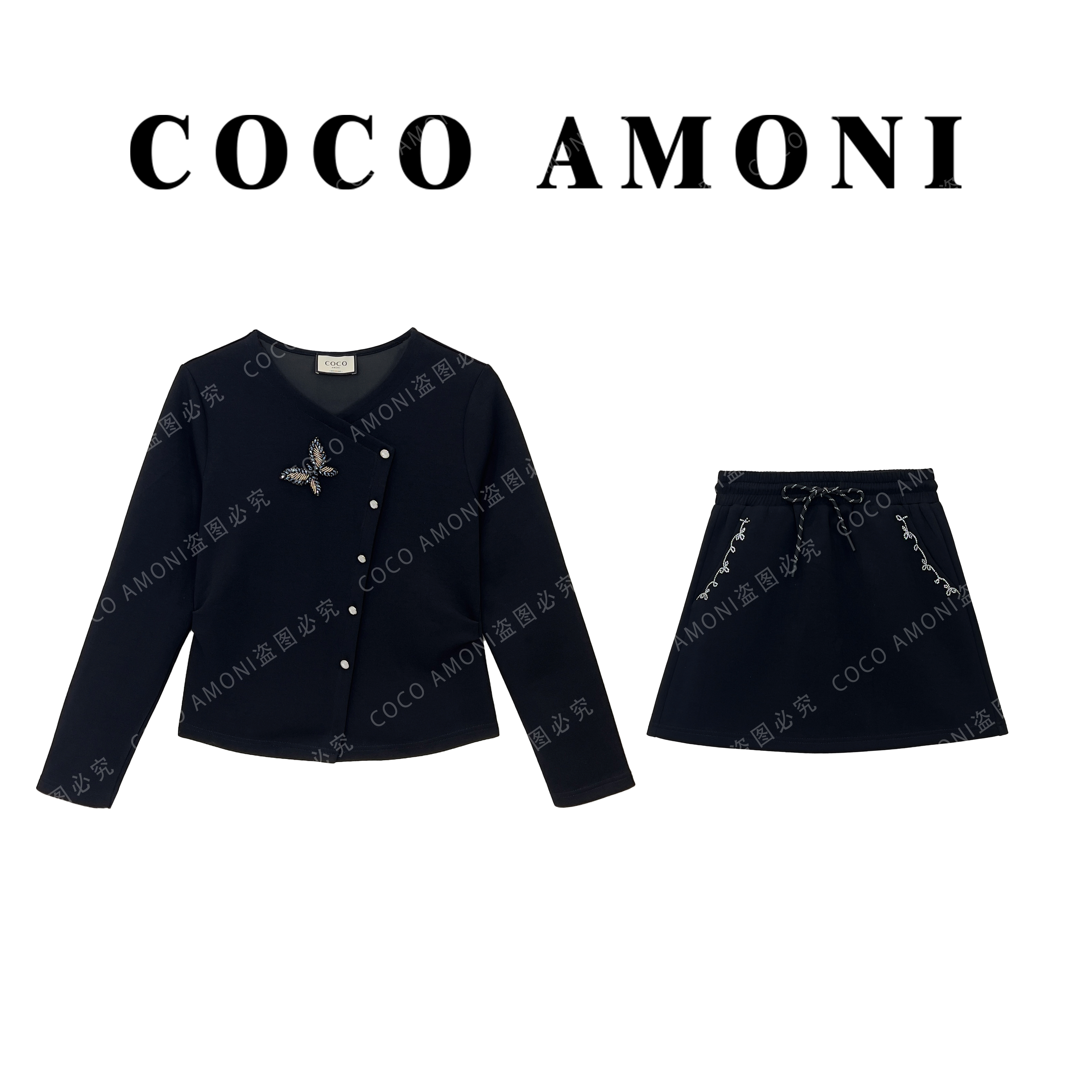 新款时尚百搭高级感女装拼接重工烫钻蝴蝶显瘦气质套装AC930