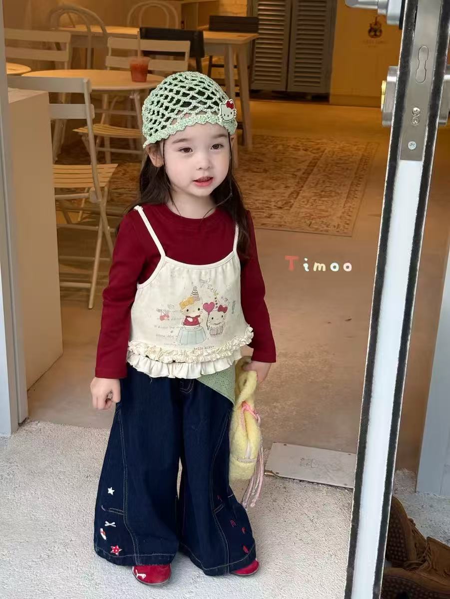 女童套装春秋新款2025女宝宝休闲上衣韩版阔腿裤洋气牛仔裤喇叭裤