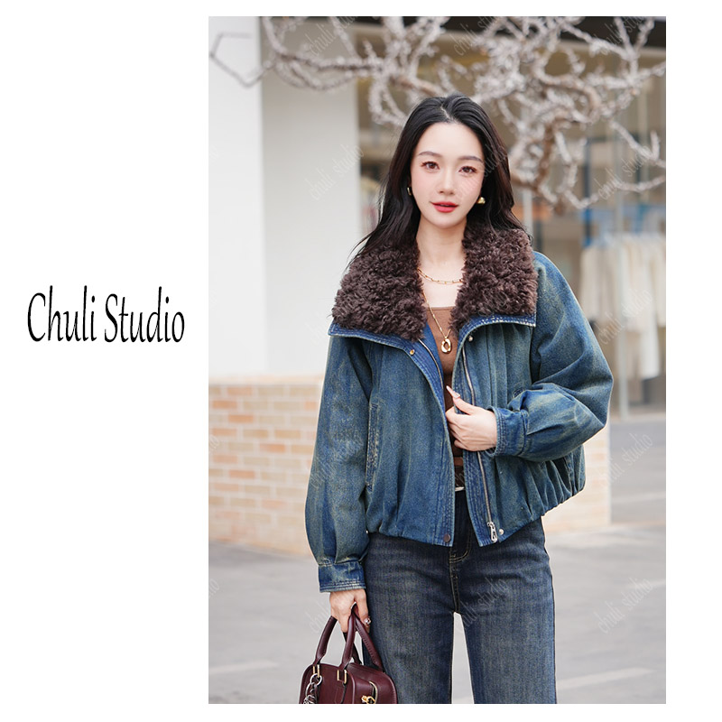 【ChuLi】专柜品质2025冬季新款卷卷毛翻领复古水洗牛仔羽绒服