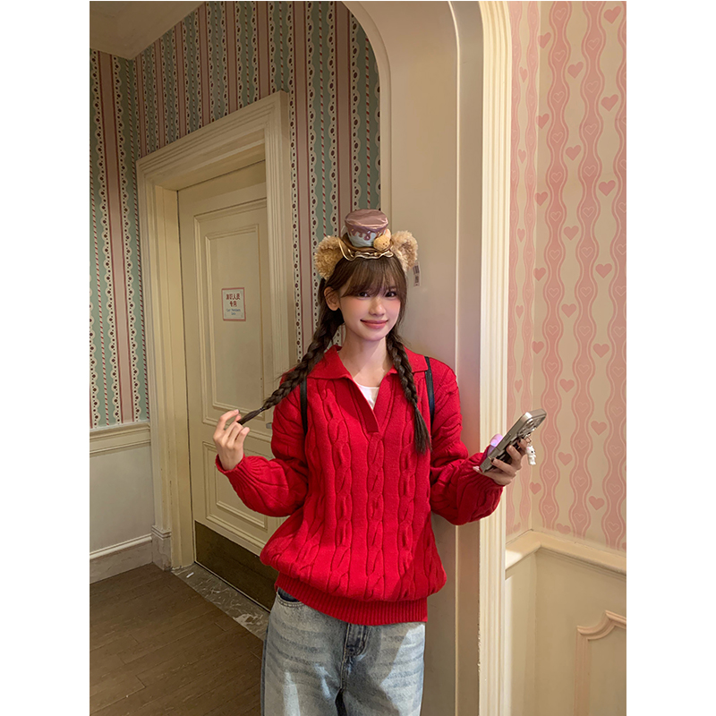 大耳朵 圣诞季＇冬季新款V领针织女套头翻领宽松麻花肌理毛衣2167