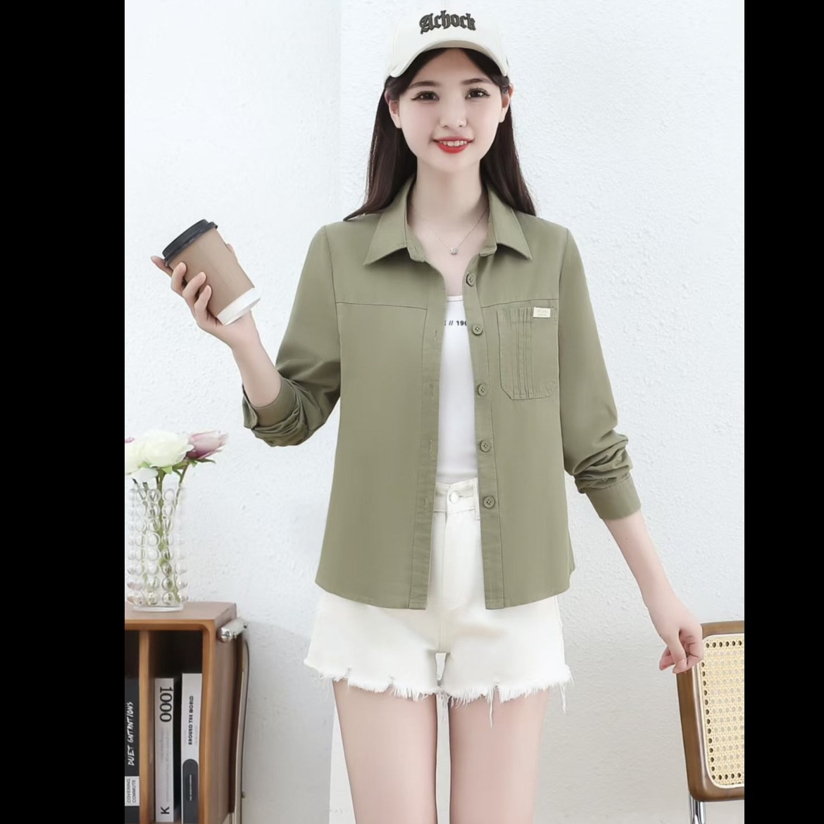 1240款时尚短外套女春秋款小个子开衫衬衣显瘦外搭衣长55