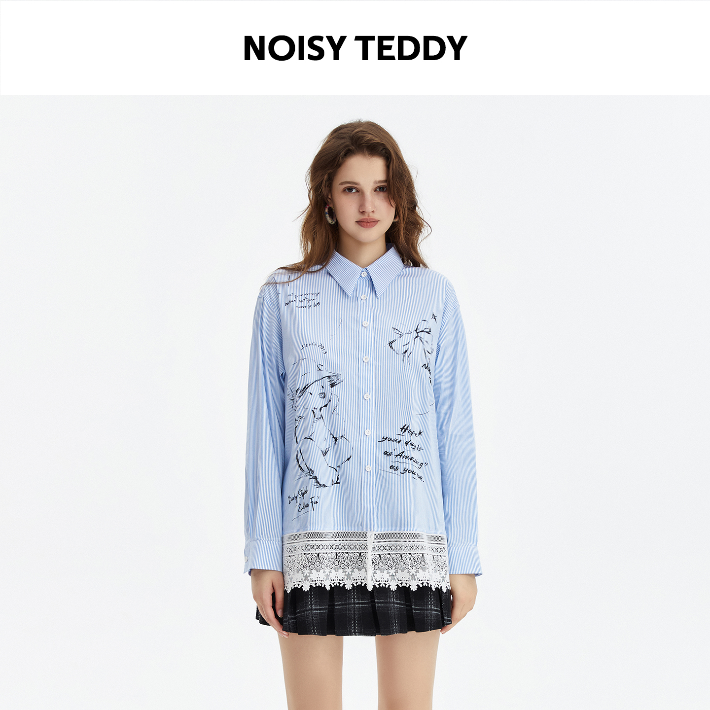 NOISY TEDDY设计款小熊手绘涂鸦印花长袖衬衫蕾丝拼接竖条纹衬衣