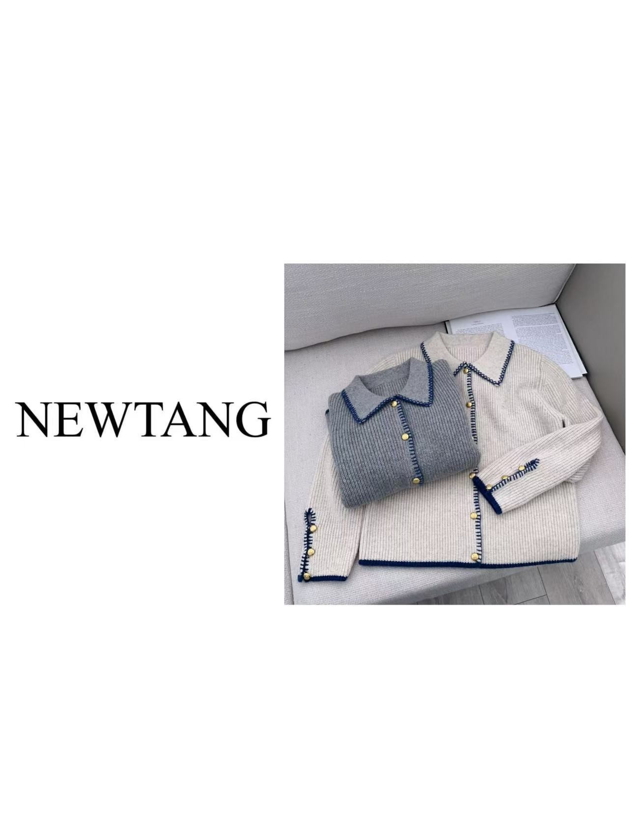 【奶油糖霜】189(含羊毛)女外穿长袖百搭蓝边金扣宽松显瘦毛衣外套