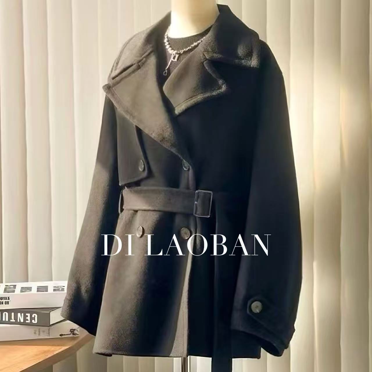 H·G【巴黎秀场】1037 新款百搭极简风英伦翻领腰带羊毛外套