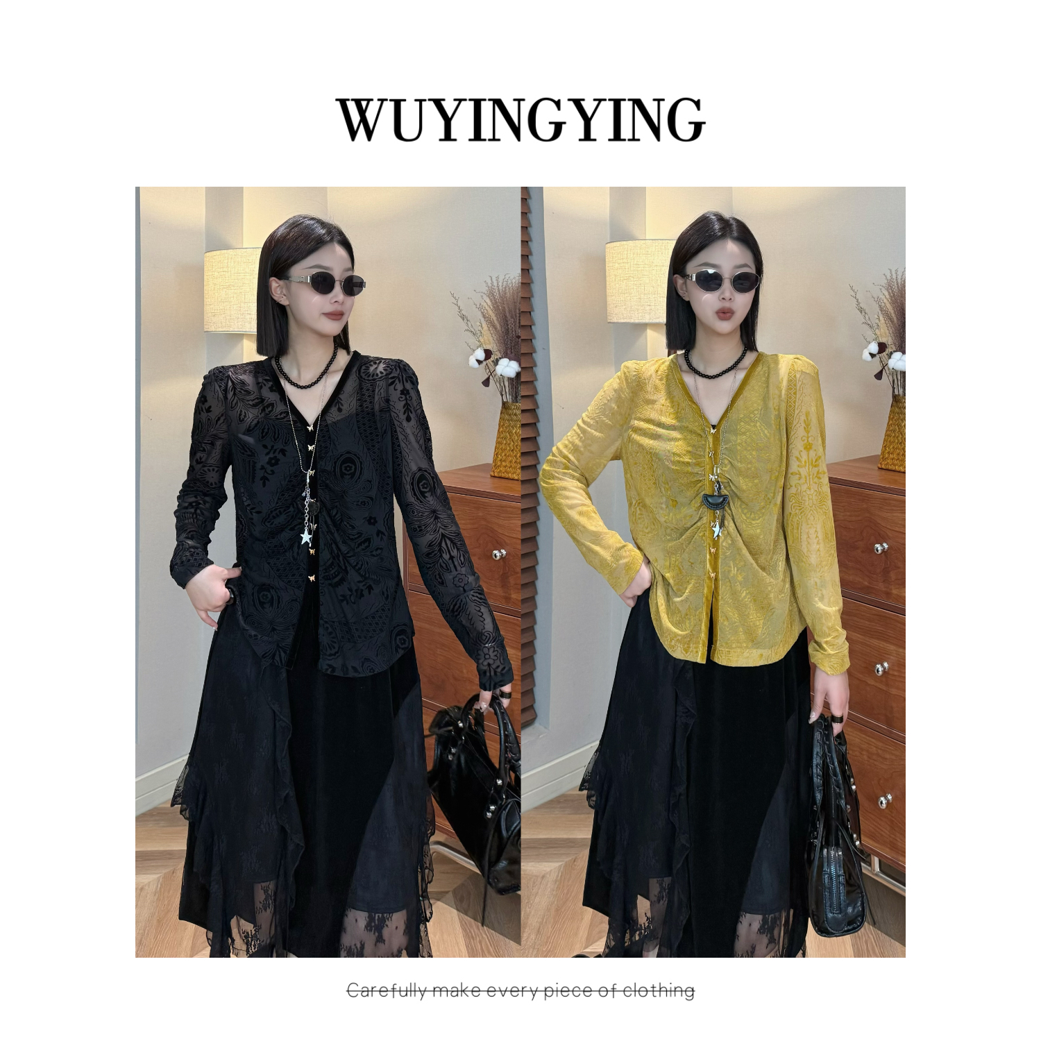  WUYINGYING【落秋】早秋重工丝绒烧花设计时尚V领上衣LMML250907