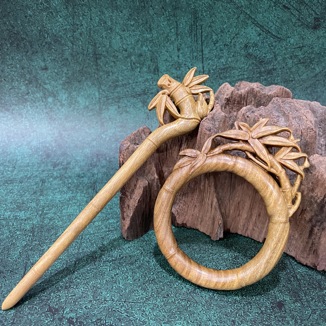 【原创】创意竹节环形后压发簪双面立体雕刻精雕发饰