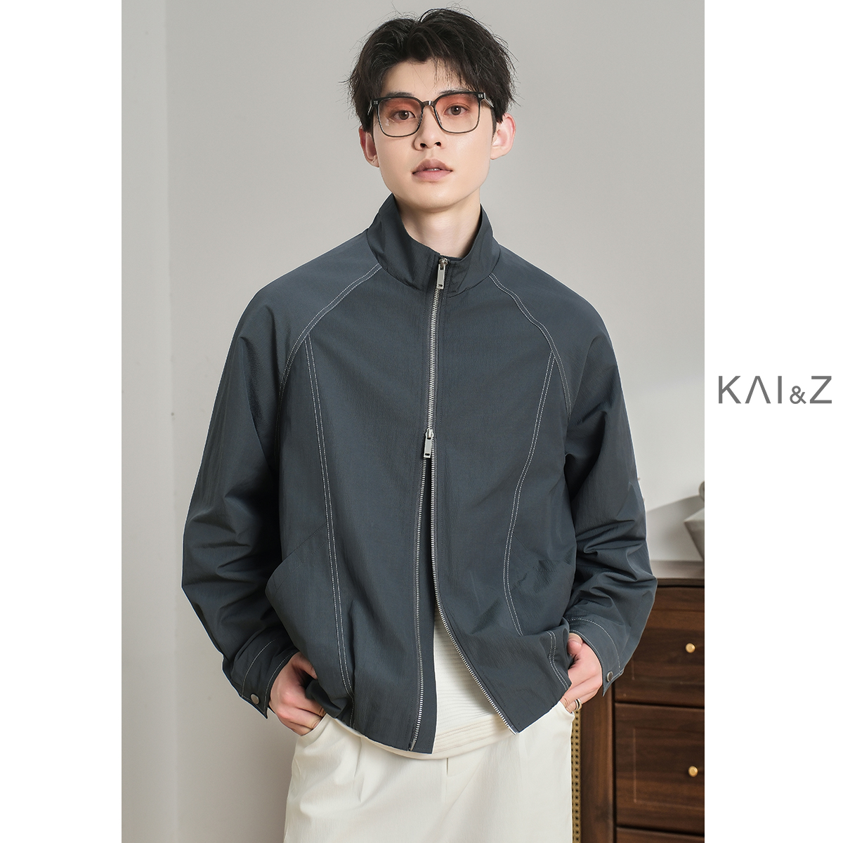 缉明线纹理感立领外套男秋季2025新款宽松潮流休闲春秋夹克上衣潮