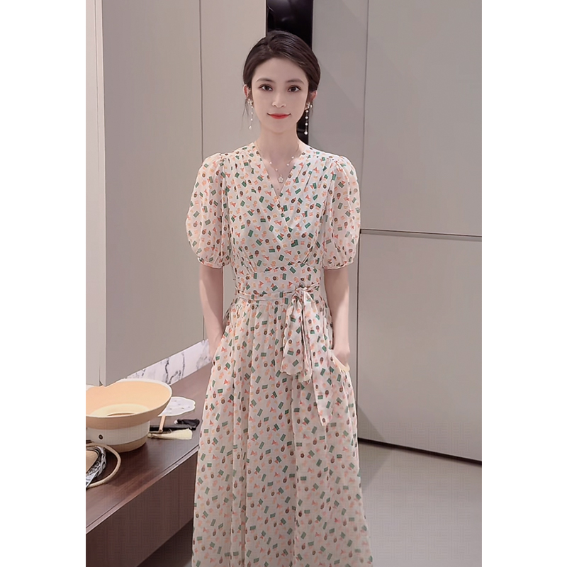 反季清仓~夏季新品冰激凌图案优雅碎花V领连衣裙收腰显瘦长裙