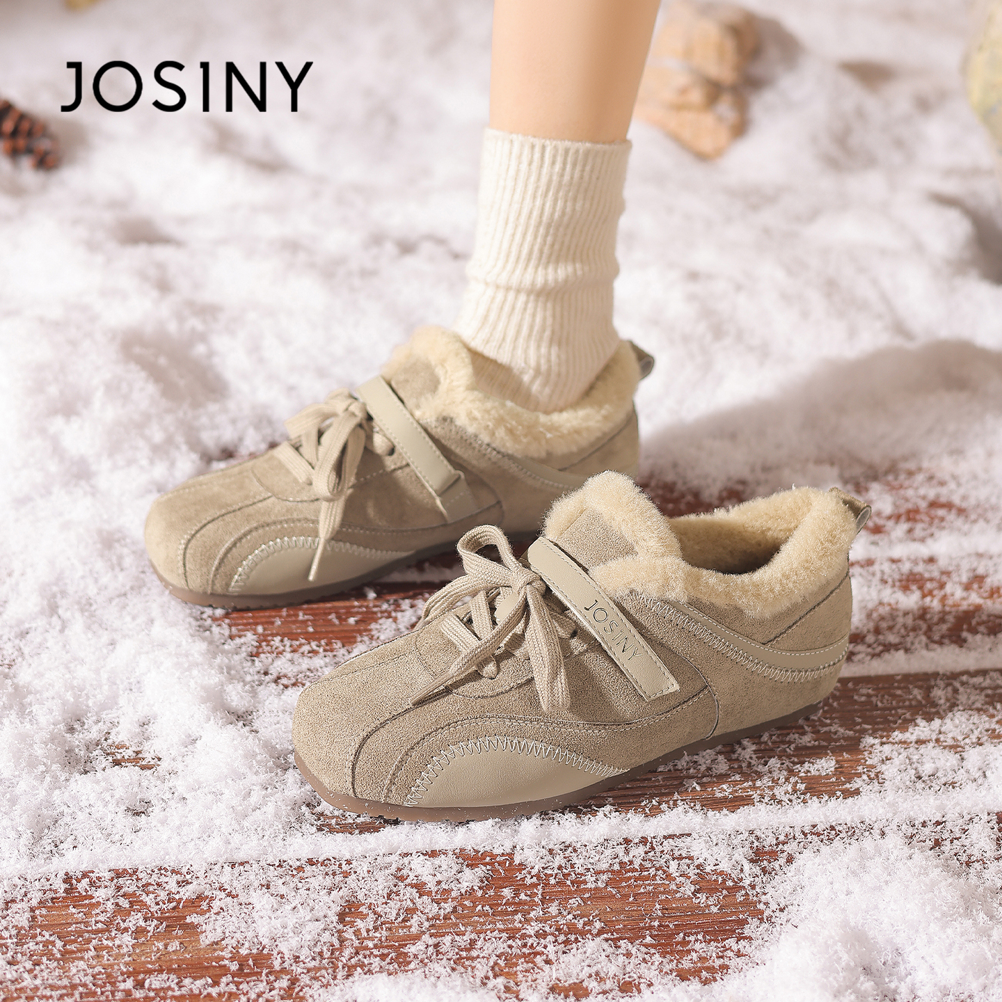 卓诗尼复古加绒保暖德训鞋女2025冬季新款平底加厚魔术贴毛毛棉鞋