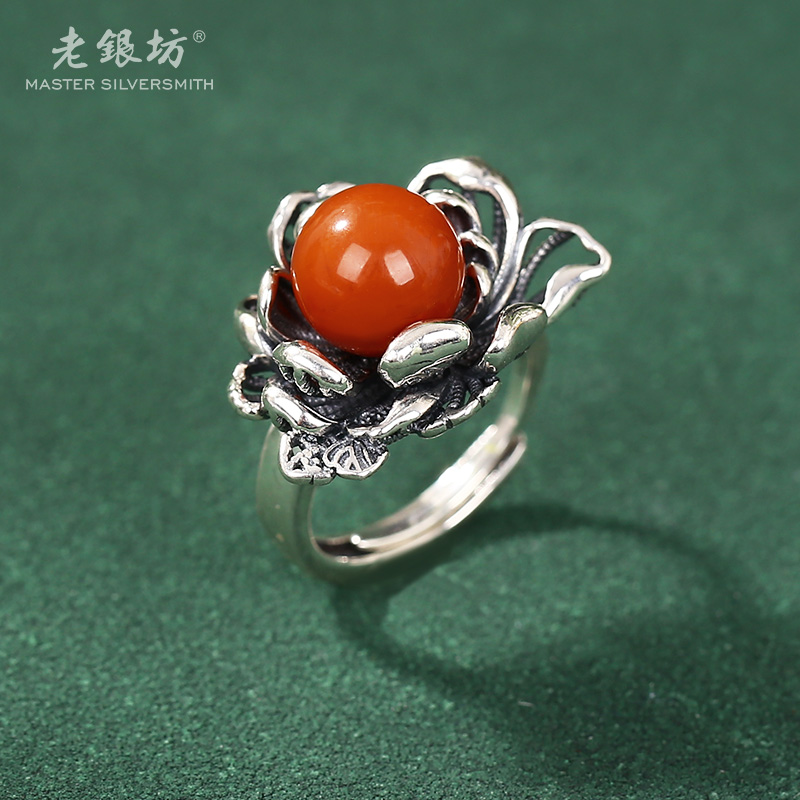 【老银坊】s925银南红单珠花丝牡丹花戒指 00311921