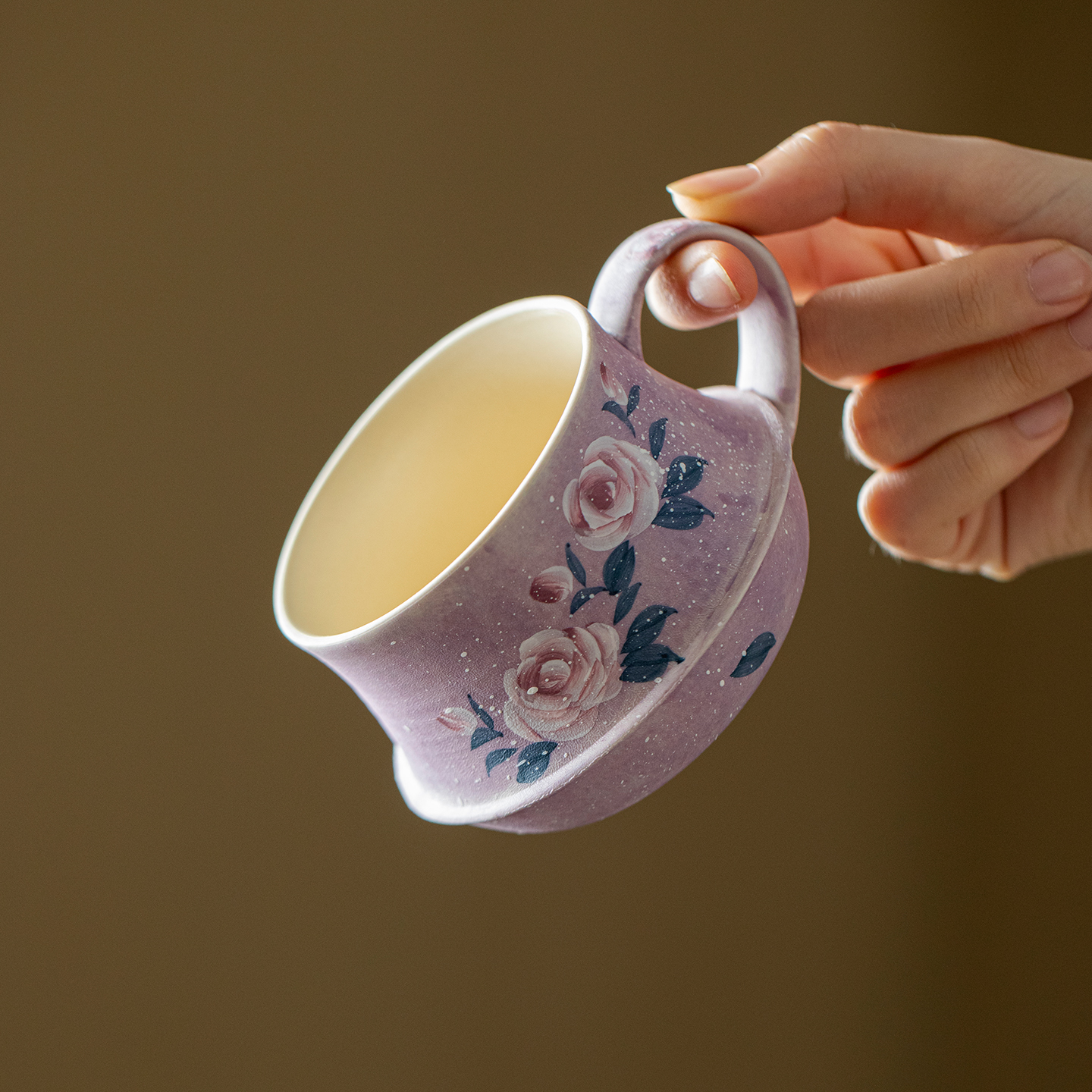 亘古粉引玫瑰咖啡陶瓷茶杯主人杯茶具品茗泡茶喝茶手绘堆料紫烟