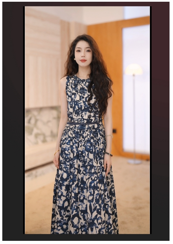长裙泼墨修身连衣裙夏季显瘦印花无袖碎花短袖通勤011