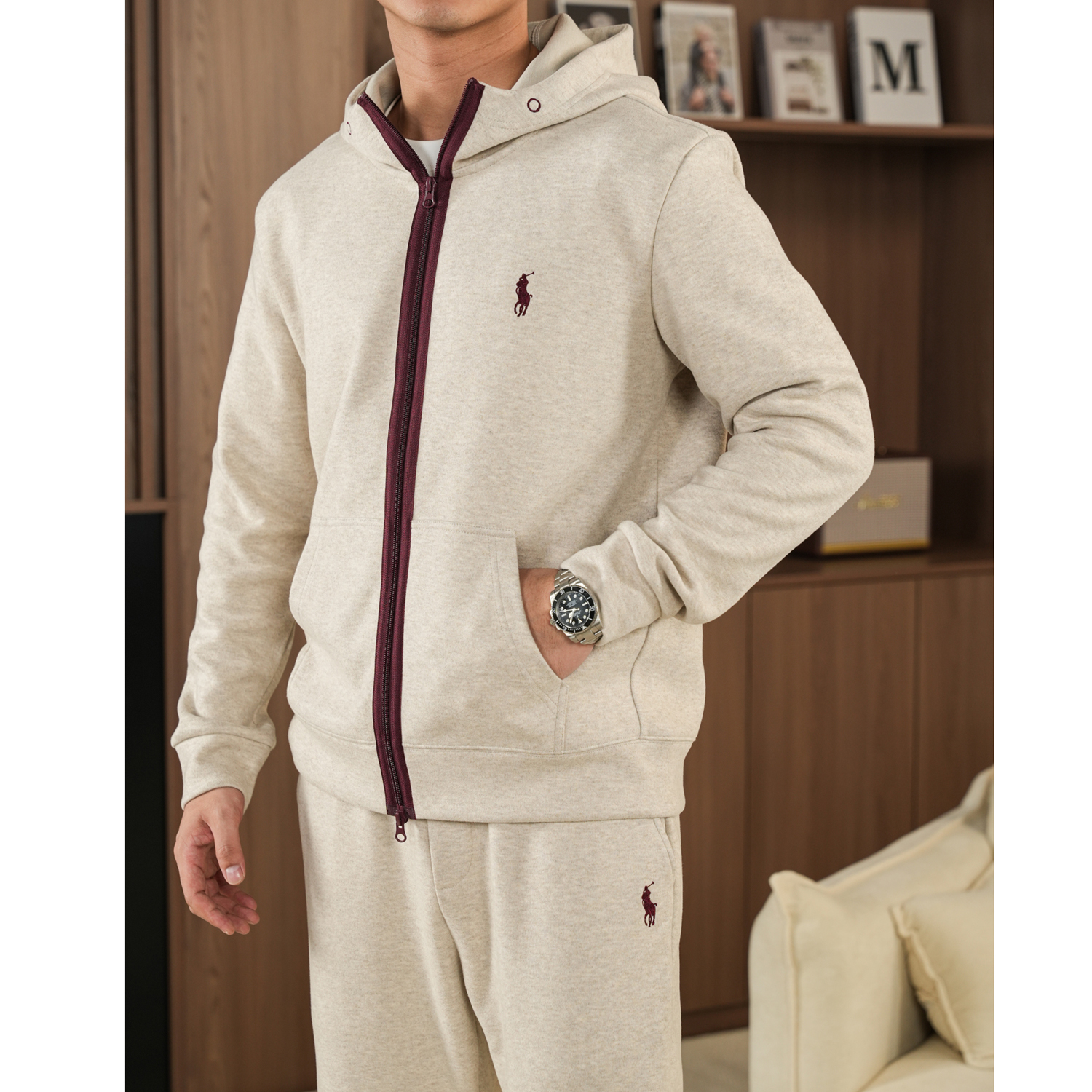 【老钱风】桑蚕丝美利奴羊毛混纺弹力撞色拉链连帽小标夹克外套秋季