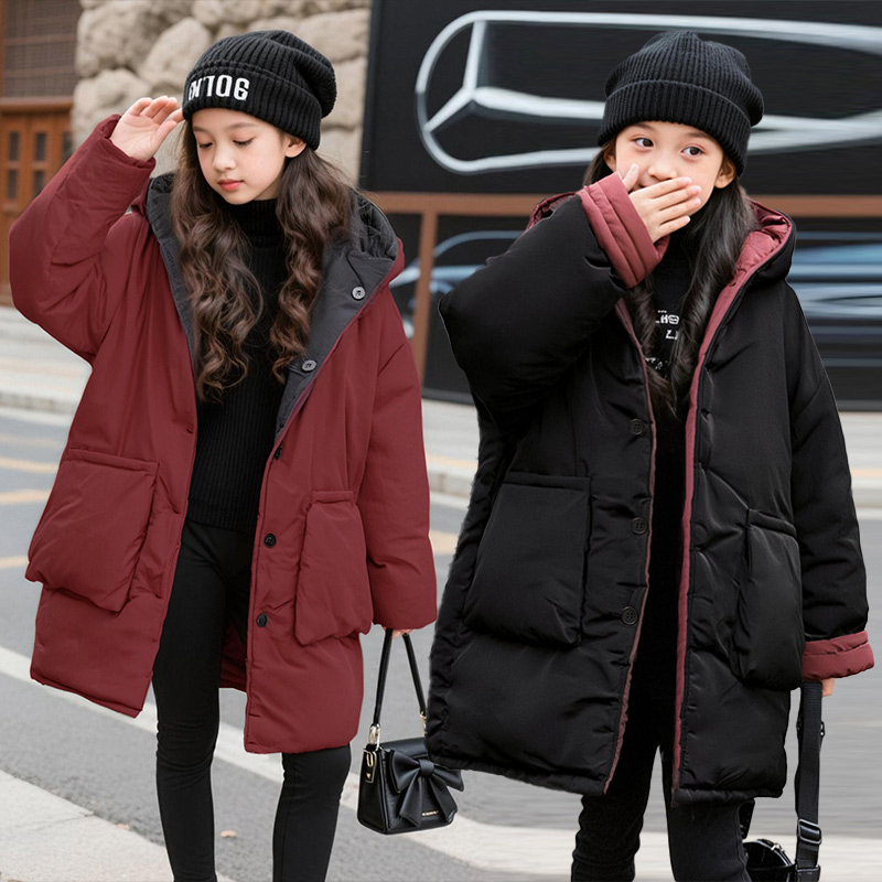 女童棉服秋冬款2024新款儿童双面可穿长款棉衣中大童保暖外套冬装