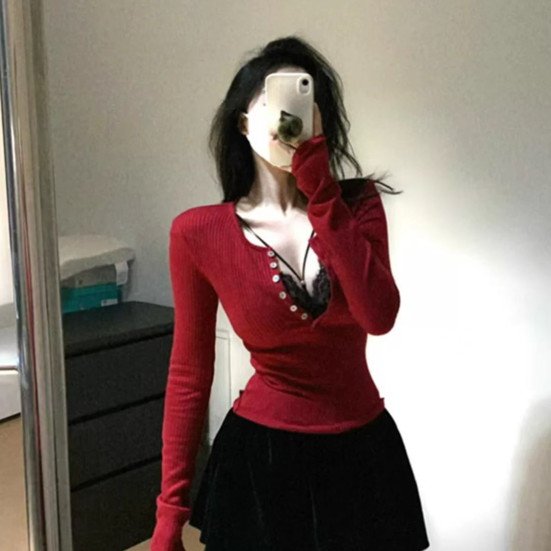 红色蕾丝拼接长袖针织衫女秋冬纯欲设计感修身内搭打底8898